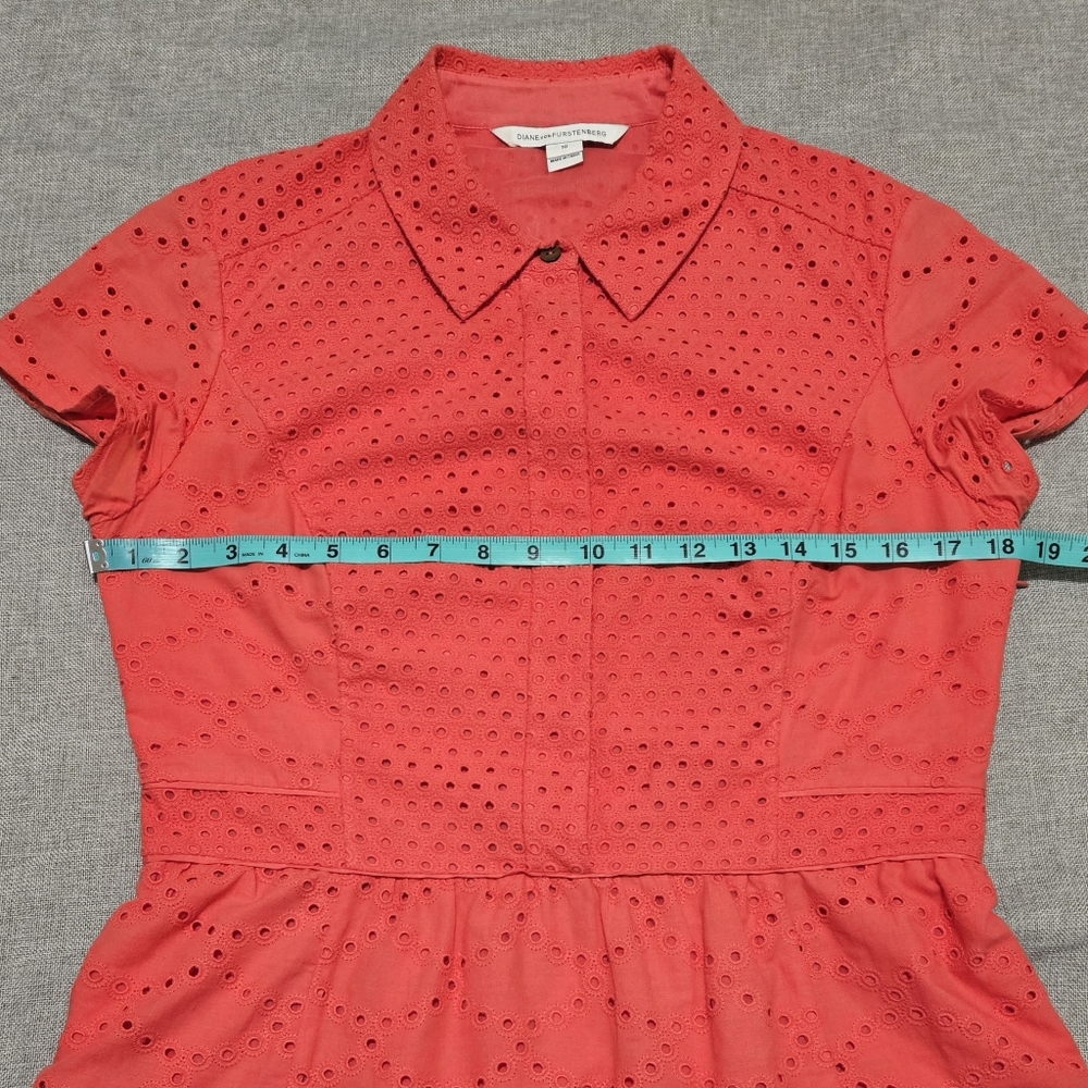 ​DVF Diane von Furstenberg Skylar Eyelet Tiered Mini Dress Ocean Coral Size 10 - Picture 14 of 16
